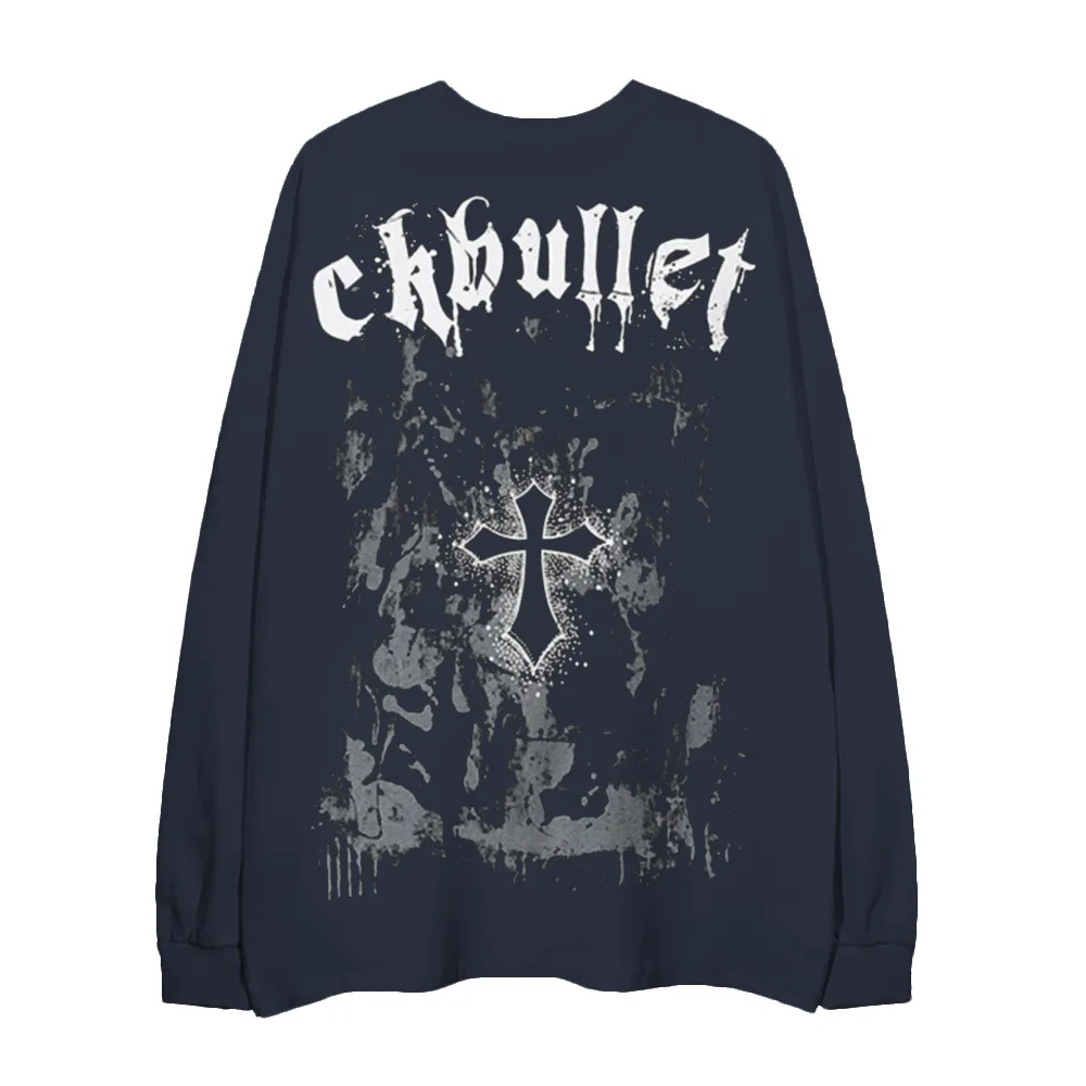 Retro Dark Cross Letters Long-Sleeve Shirt