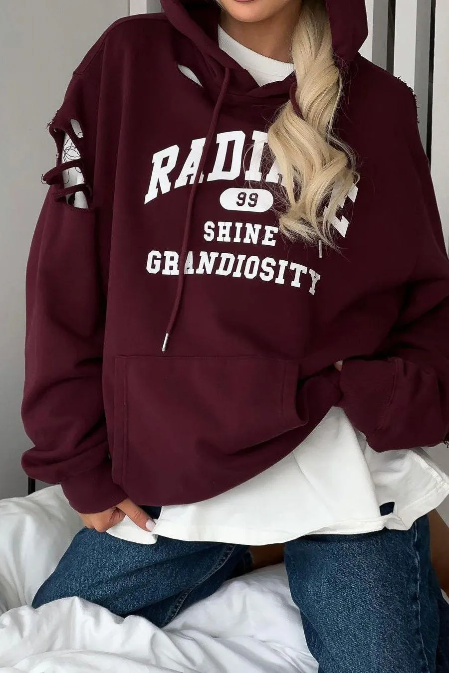 retro distressed hole design sweatshirt