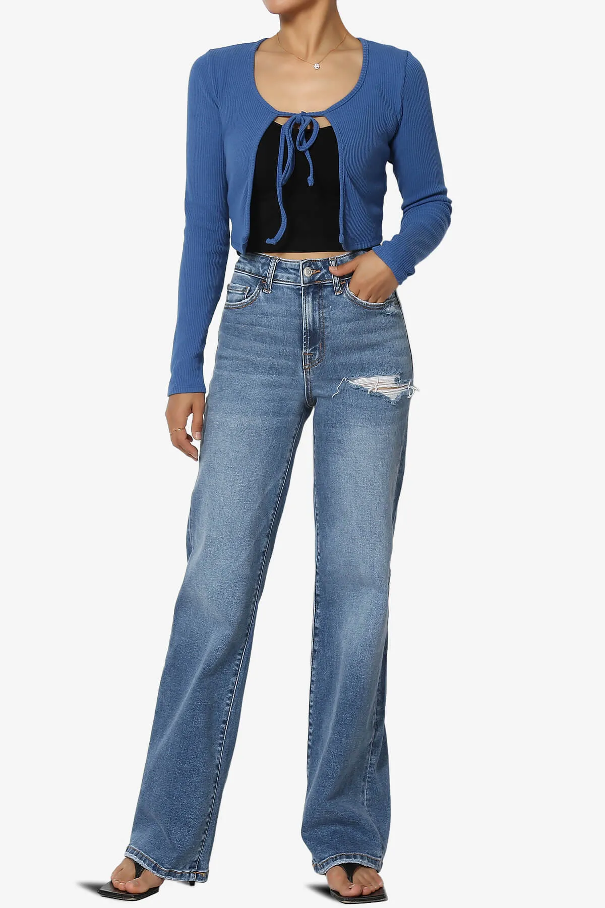 Roca Tie Front Long Sleeve Ribbed Crop Cardigan