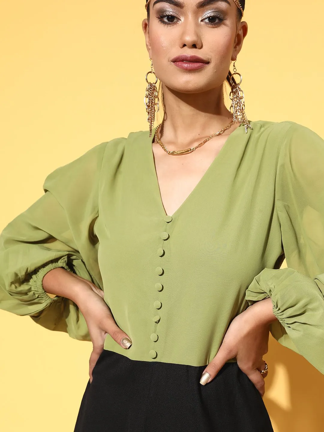 SASSAFRAS Women Stylish Green Colourblocked Joyful Jumpsuit