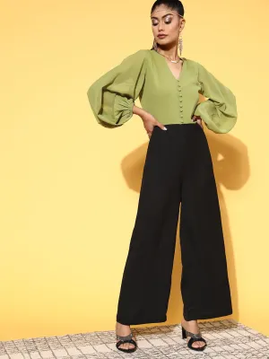 SASSAFRAS Women Stylish Green Colourblocked Joyful Jumpsuit