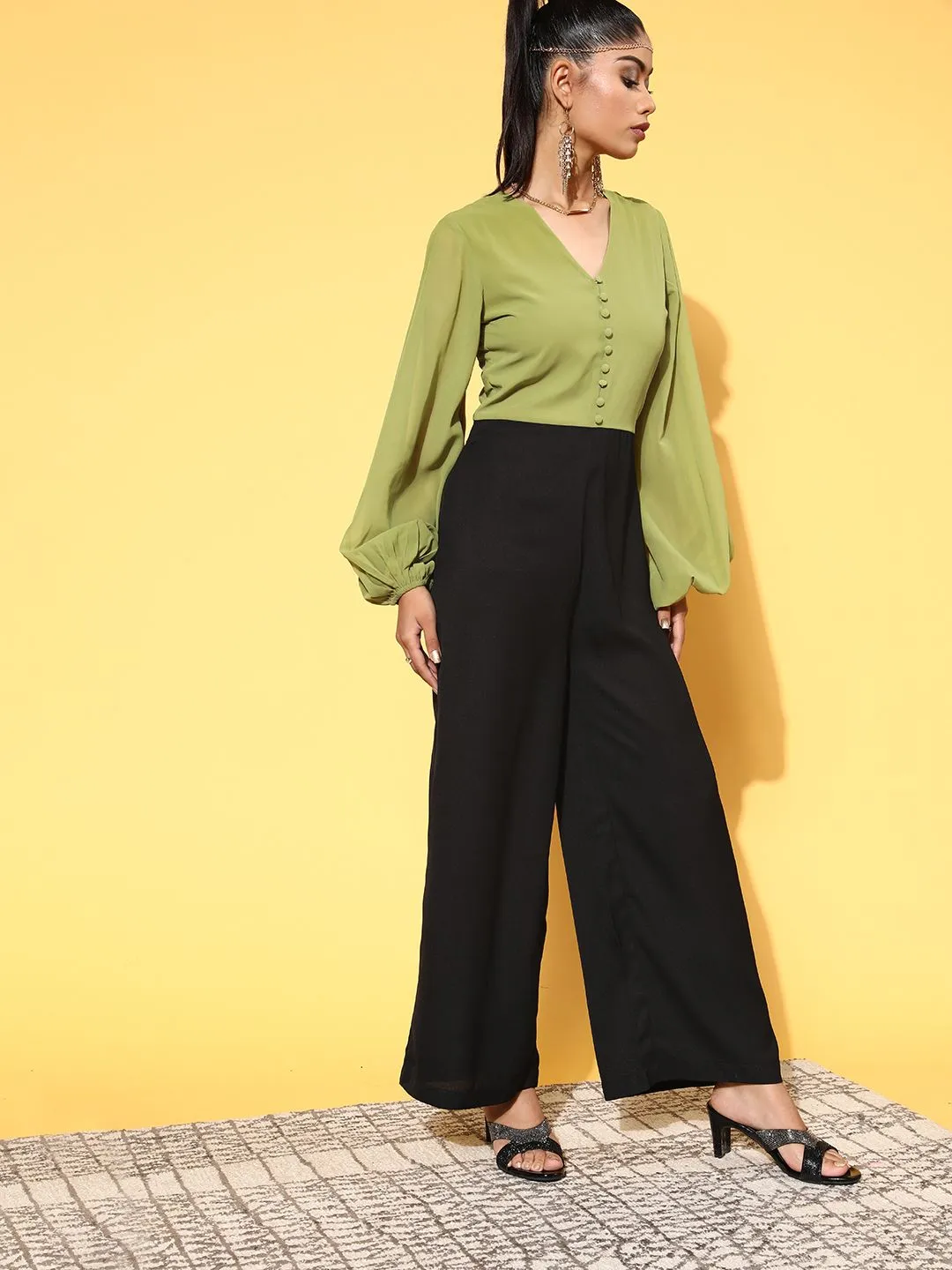 SASSAFRAS Women Stylish Green Colourblocked Joyful Jumpsuit