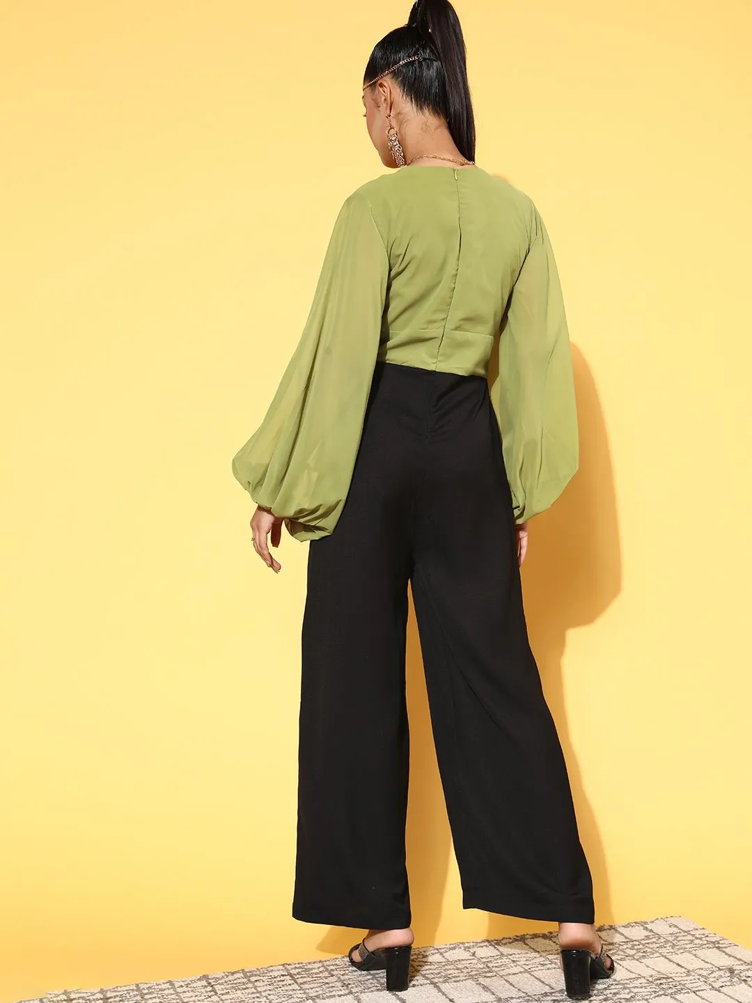 SASSAFRAS Women Stylish Green Colourblocked Joyful Jumpsuit