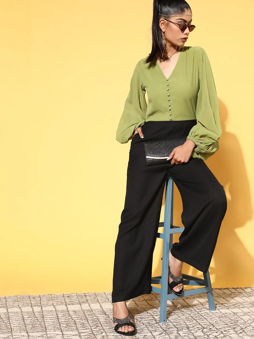 SASSAFRAS Women Stylish Green Colourblocked Joyful Jumpsuit