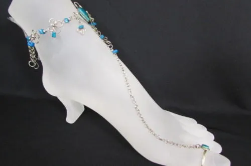 Silver Metal Foot Chain Toe Ring Slave Anklet Multi Beads Blue White Black Stones