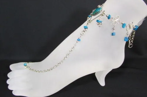 Silver Metal Foot Chain Toe Ring Slave Anklet Multi Beads Blue White Black Stones