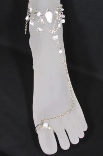 Silver Metal Foot Chain Toe Ring Slave Anklet Multi Beads Blue White Black Stones