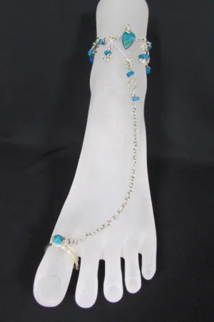 Silver Metal Foot Chain Toe Ring Slave Anklet Multi Beads Blue White Black Stones