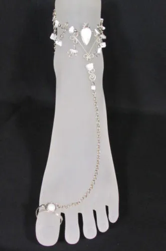 Silver Metal Foot Chain Toe Ring Slave Anklet Multi Beads Blue White Black Stones