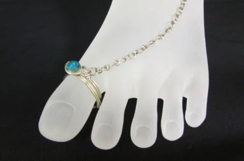 Silver Metal Foot Chain Toe Ring Slave Anklet Multi Beads Blue White Black Stones