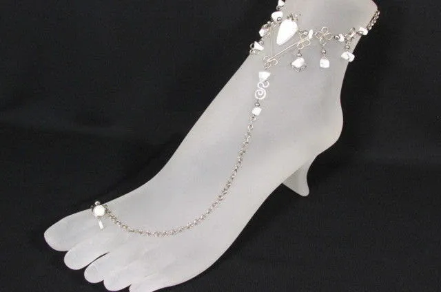 Silver Metal Foot Chain Toe Ring Slave Anklet Multi Beads Blue White Black Stones