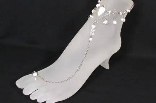 Silver Metal Foot Chain Toe Ring Slave Anklet Multi Beads Blue White Black Stones
