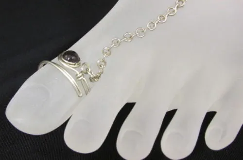 Silver Metal Foot Chain Toe Ring Slave Anklet Multi Beads Blue White Black Stones