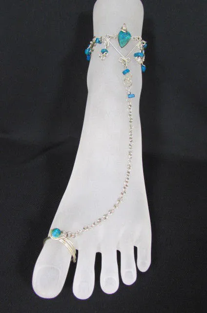 Silver Metal Foot Chain Toe Ring Slave Anklet Multi Beads Blue White Black Stones