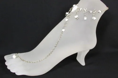 Silver Metal Foot Chain Toe Ring Slave Anklet Multi Beads Blue White Black Stones