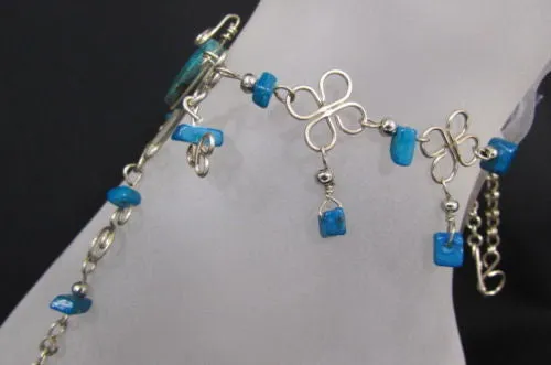 Silver Metal Foot Chain Toe Ring Slave Anklet Multi Beads Blue White Black Stones