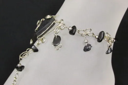 Silver Metal Foot Chain Toe Ring Slave Anklet Multi Beads Blue White Black Stones