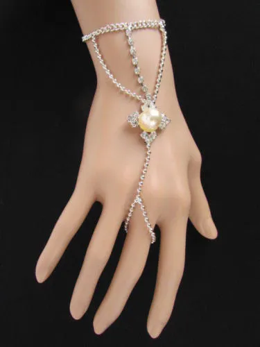 Silver Metal Hand Chain Bracelet Imitation Pearl Cream Beads