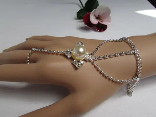 Silver Metal Hand Chain Bracelet Imitation Pearl Cream Beads