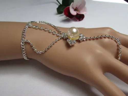 Silver Metal Hand Chain Bracelet Imitation Pearl Cream Beads