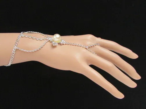 Silver Metal Hand Chain Bracelet Imitation Pearl Cream Beads