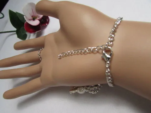 Silver Metal Hand Chain Bracelet Imitation Pearl Cream Beads
