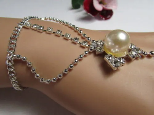 Silver Metal Hand Chain Bracelet Imitation Pearl Cream Beads
