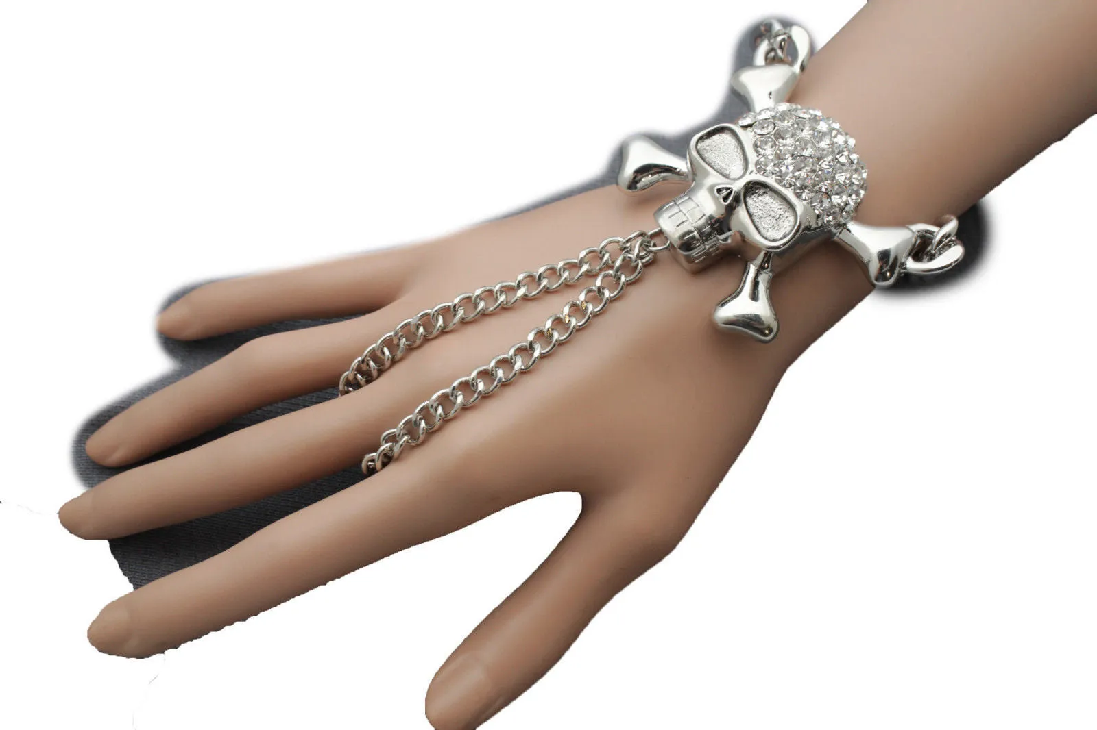 Silver Metal Hand Chain Wrist Bracelet Pirate Skeleton Skull
