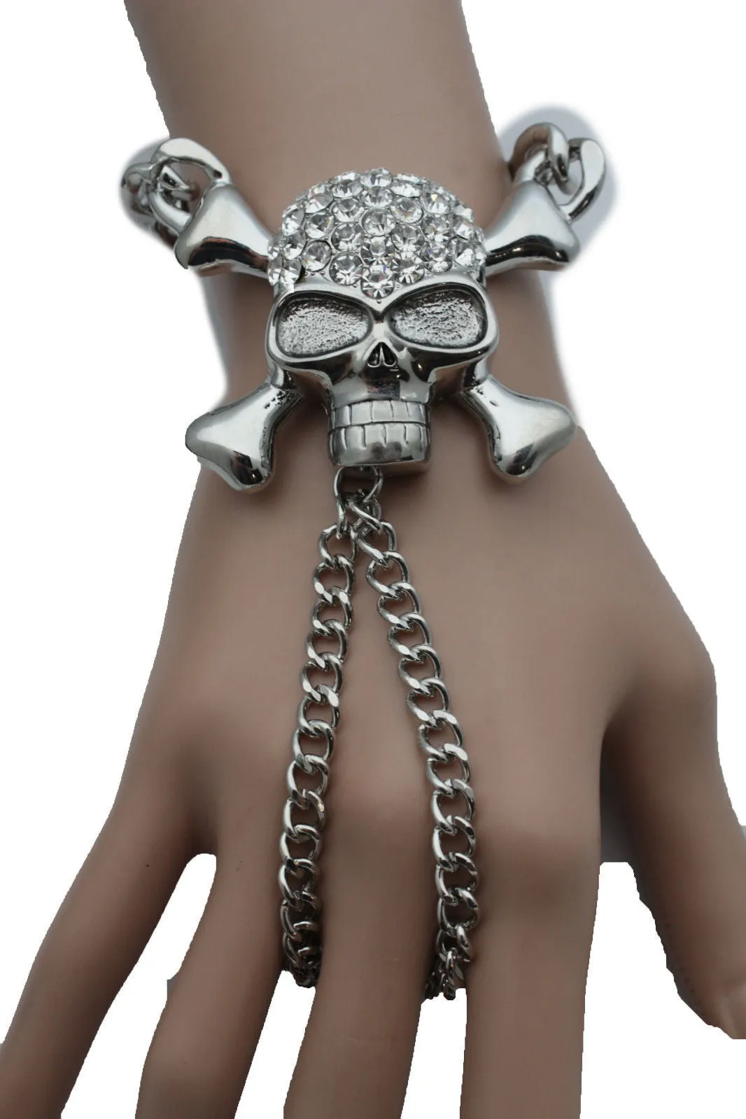 Silver Metal Hand Chain Wrist Bracelet Pirate Skeleton Skull