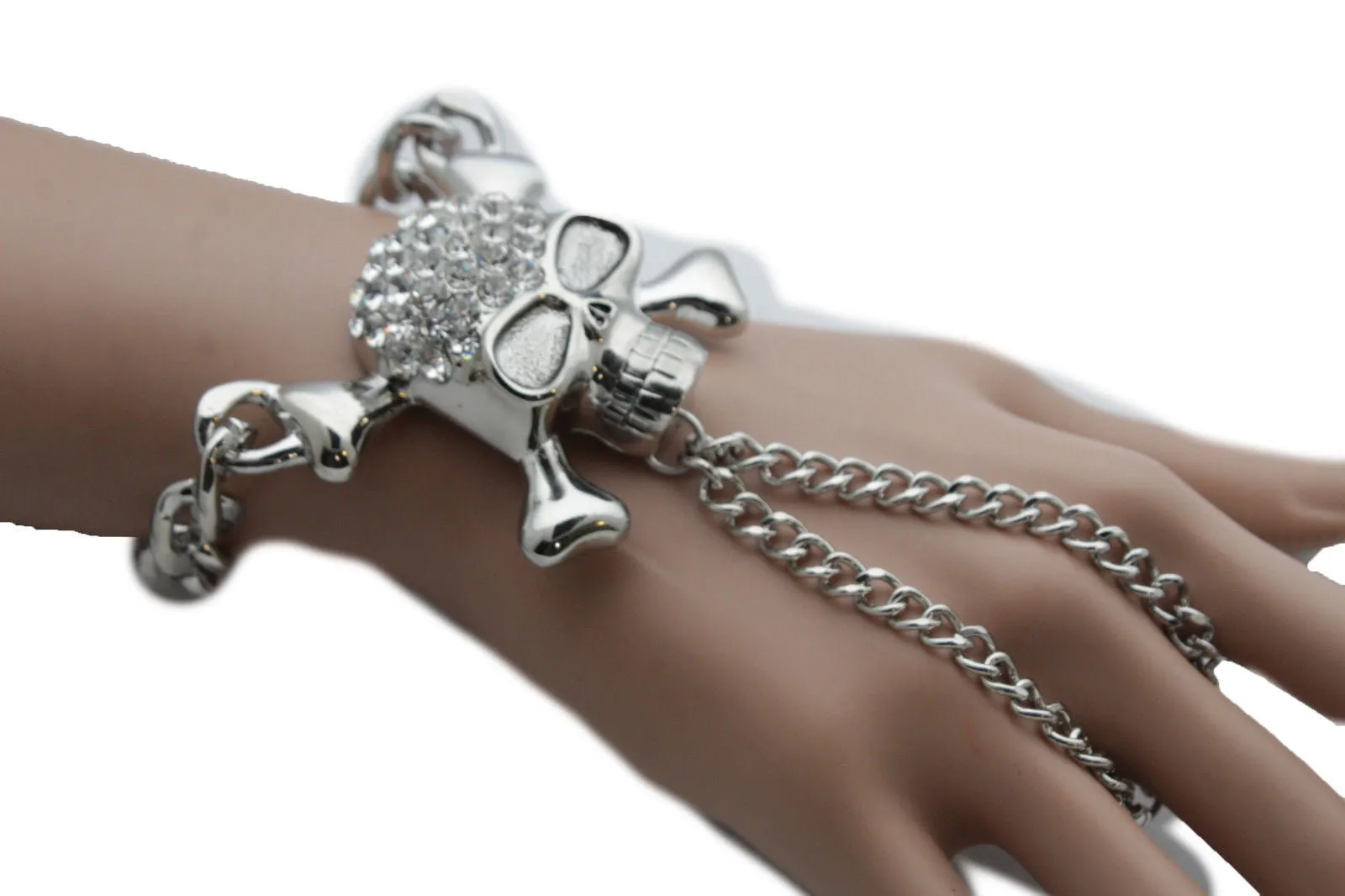 Silver Metal Hand Chain Wrist Bracelet Pirate Skeleton Skull