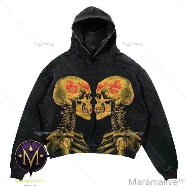 Skull Print Set Hip Hop Teen Clothing Vintage Oversized Hood