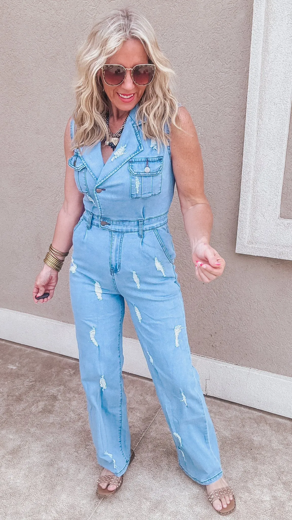 Solene Sleeveless Cargo Denim Jean Jumpsuit