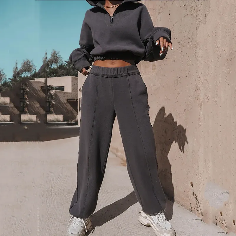 Two-Piece Longsleeve Turtle Neck Sports Suit – Oversized Polo Zipper Sweatshirt and Jogger Pants for Autumn Comfort