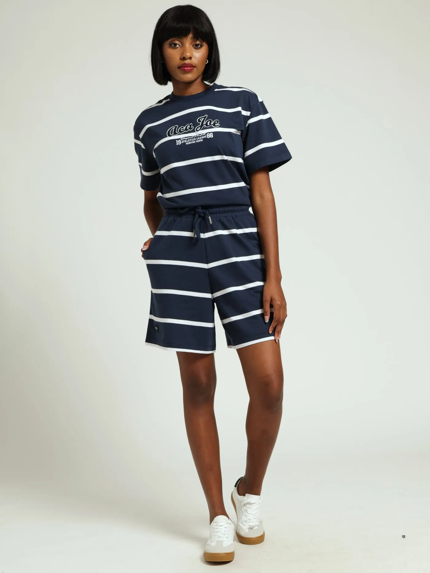 Unbrushed Fleece Yarn Dyed Stripe Embroidery Short - Navy/White