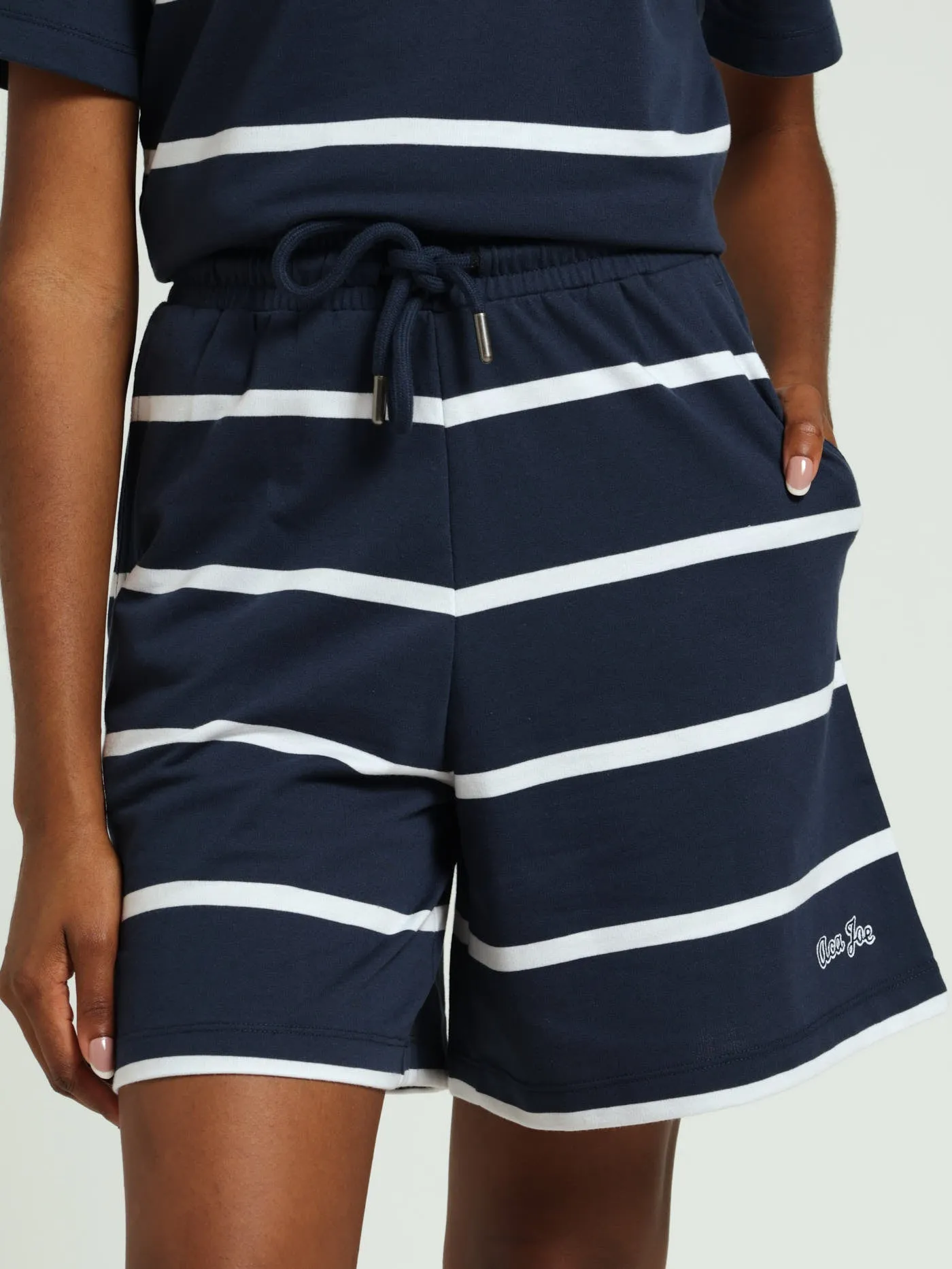 Unbrushed Fleece Yarn Dyed Stripe Embroidery Short - Navy/White