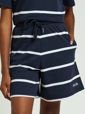 Unbrushed Fleece Yarn Dyed Stripe Embroidery Short - Navy/White