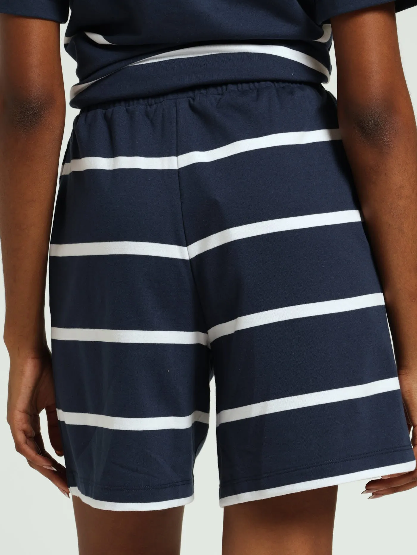 Unbrushed Fleece Yarn Dyed Stripe Embroidery Short - Navy/White