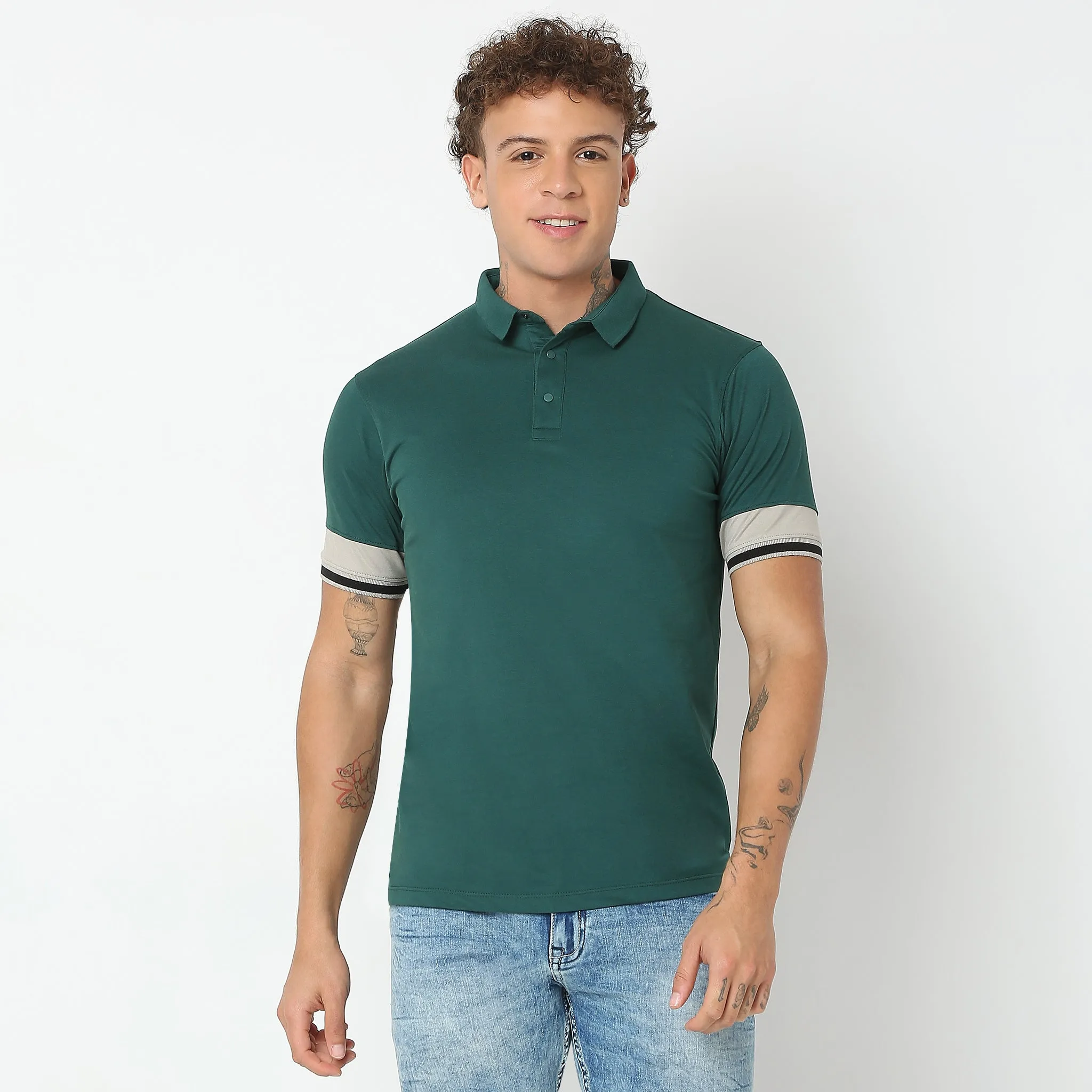 Urban Poloᵉˣ - with Efast Stretch - Micro Pique Solid with Contrast Sleeves - Regular Fit Solid Polo T-Shirt