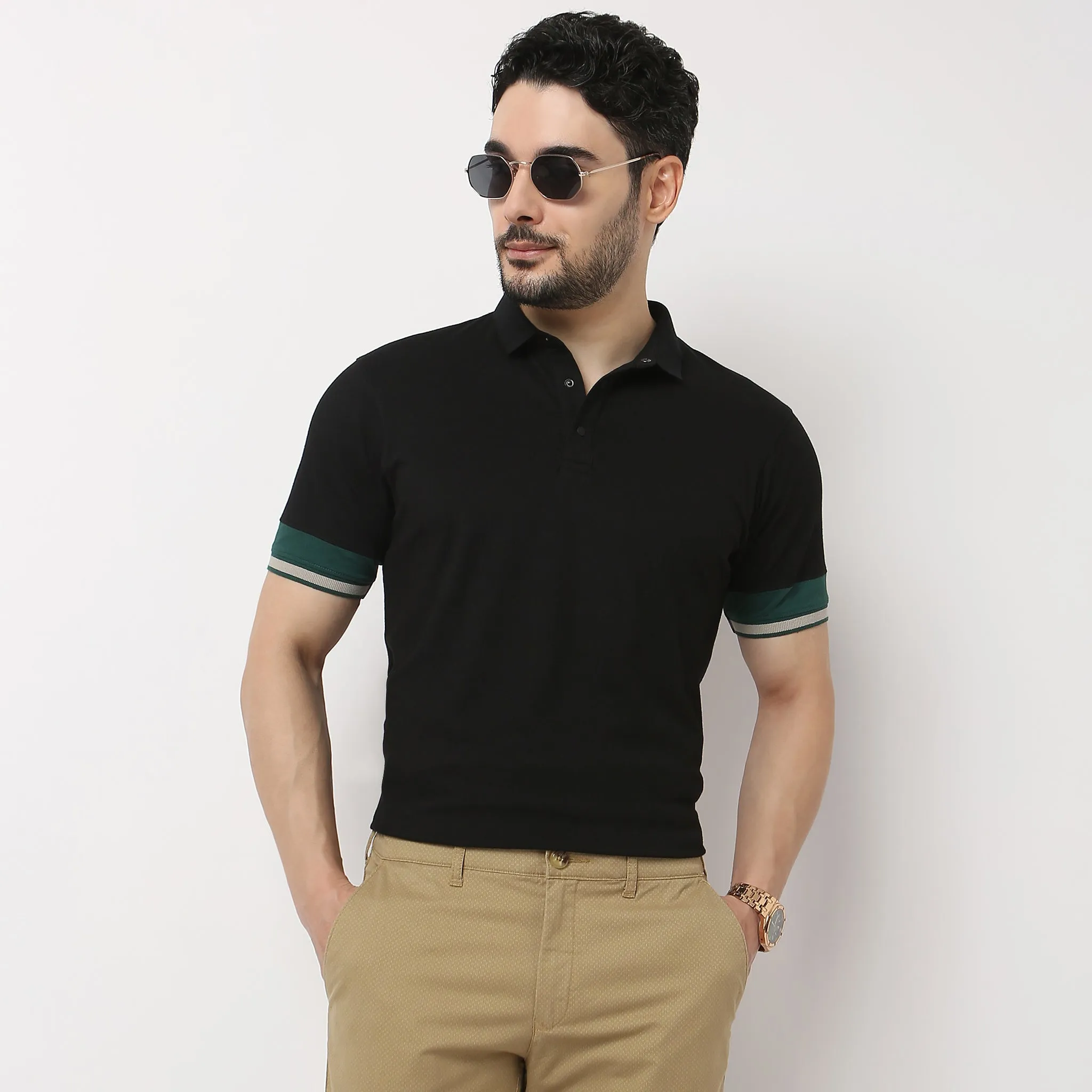 Urban Poloᵉˣ - with Efast Stretch - Micro Pique Solid with Contrast Sleeves - Regular Fit Solid Polo T-Shirt