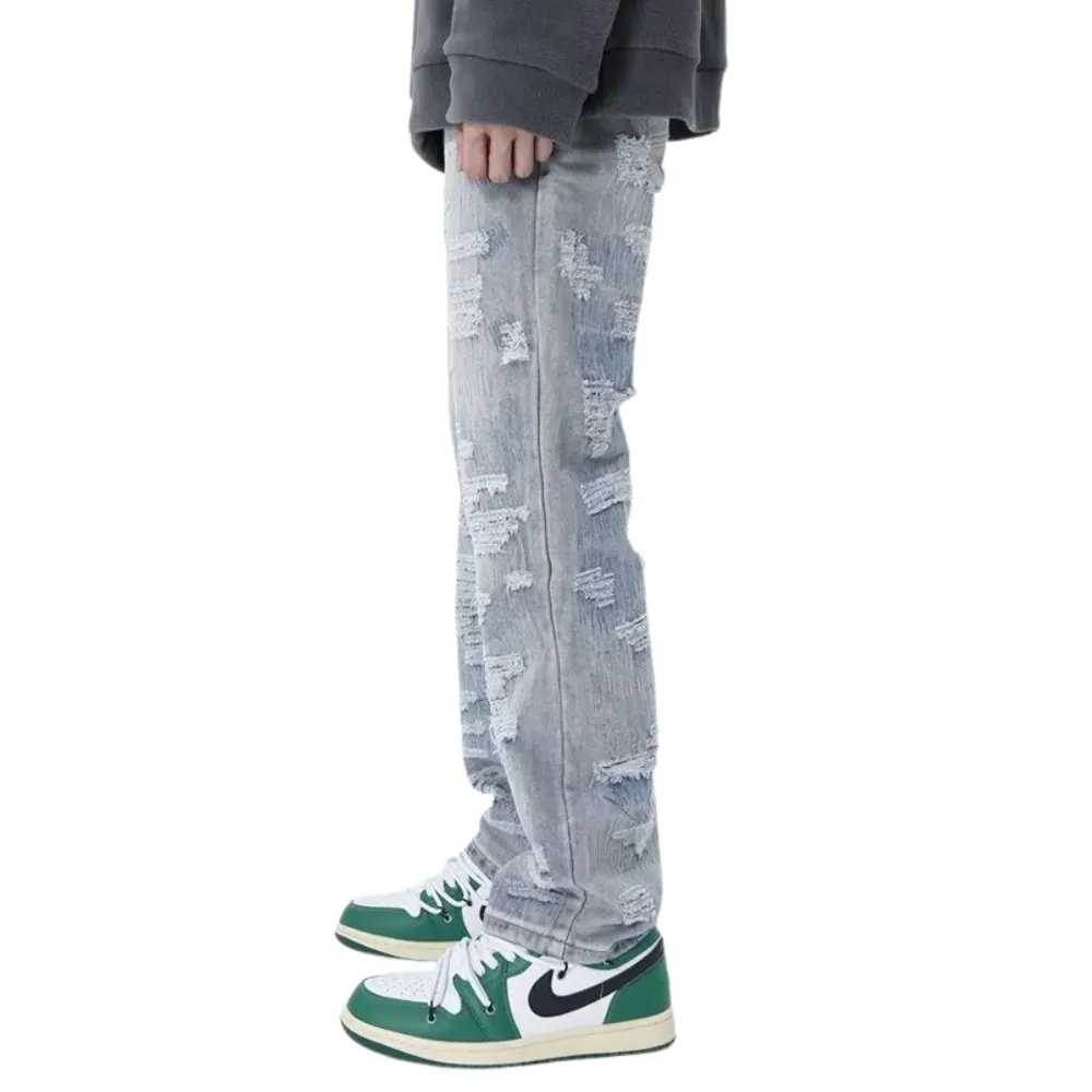 Urban Street Solid Ripped Straight Leg Jeans
