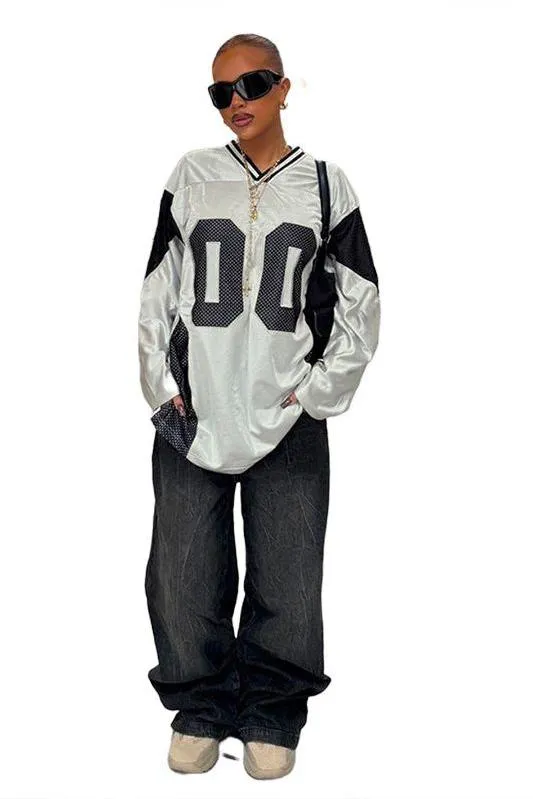 V-neck Mesh Splicing Long-sleeved T-shirt