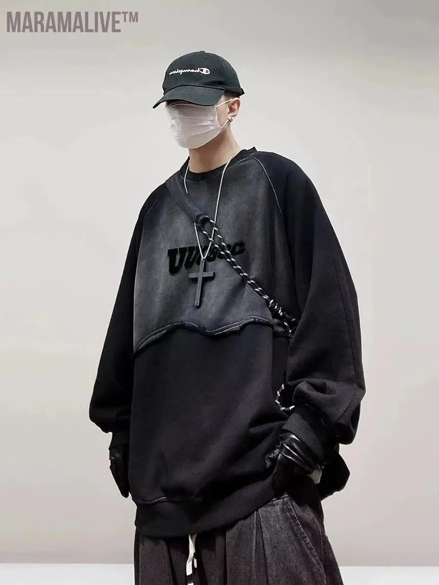 Vintage Hip hop TrendCutting Sweatshirt Streetwear Loose Pullover Hole Fashion Oversize Sweatshirts Autumn Tops Cotton