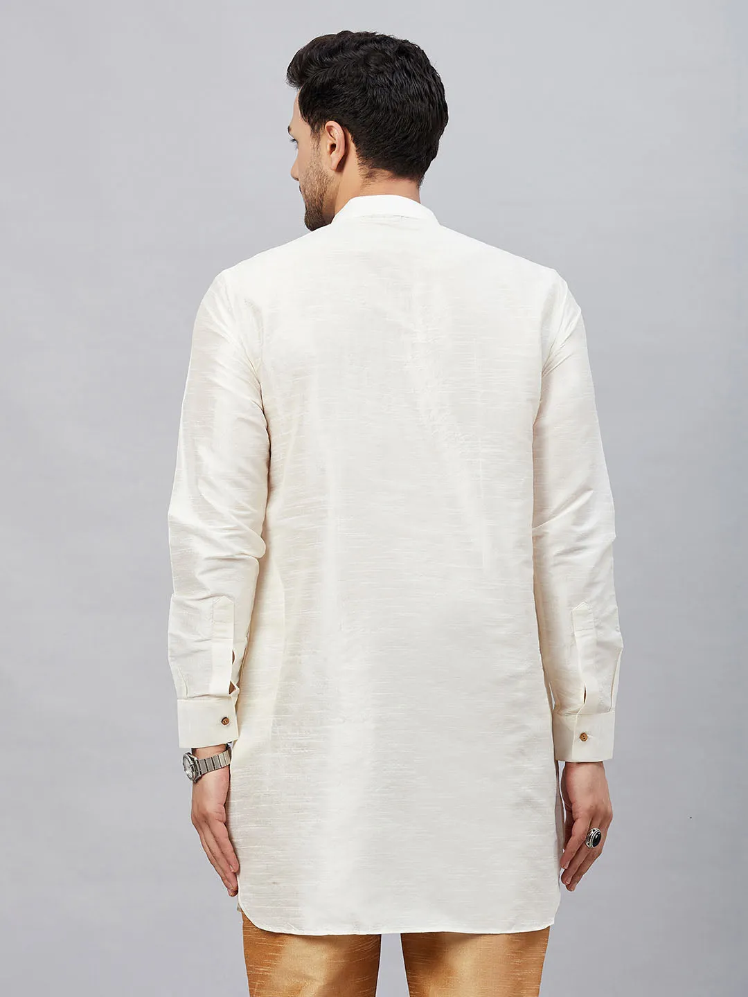 VM By VASTRAMAY Men's Cream Silk Blend Curved Kurta