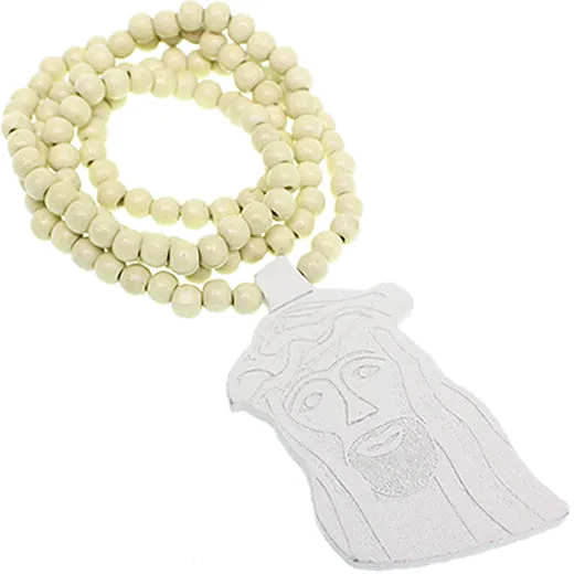 White Wooden Beaded Jesus Piece Necklace