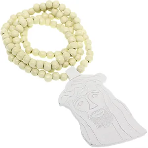 White Wooden Beaded Jesus Piece Necklace