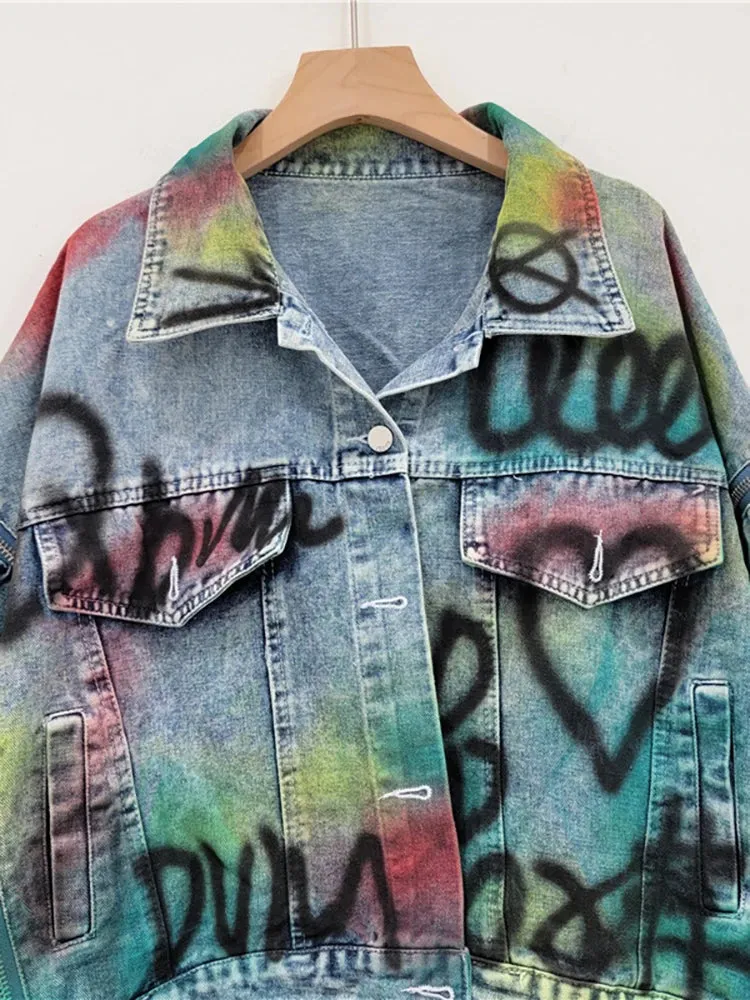 Women’s Graffiti Patchwork Denim Jacket – Bold & Artistic Streetwear
