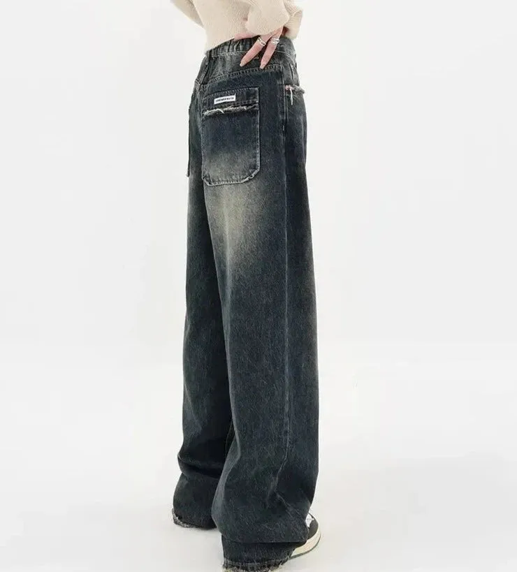 Womens Loose Wide leg Denim Jeans/Japanese Streetwear Baggy Fashion