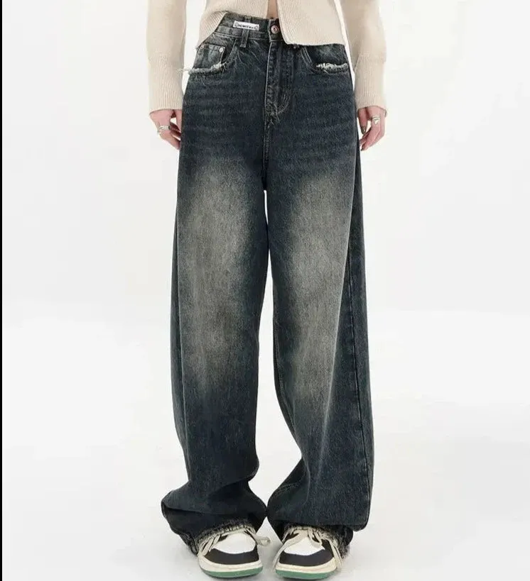 Womens Loose Wide leg Denim Jeans/Japanese Streetwear Baggy Fashion