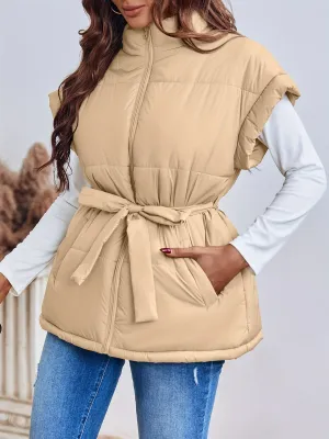 Womens Oversized Belted Puffer Vest with Stand Collar