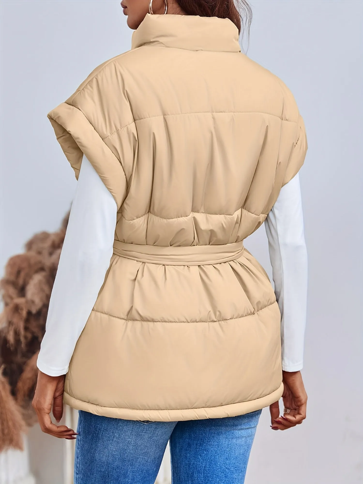Womens Oversized Belted Puffer Vest with Stand Collar
